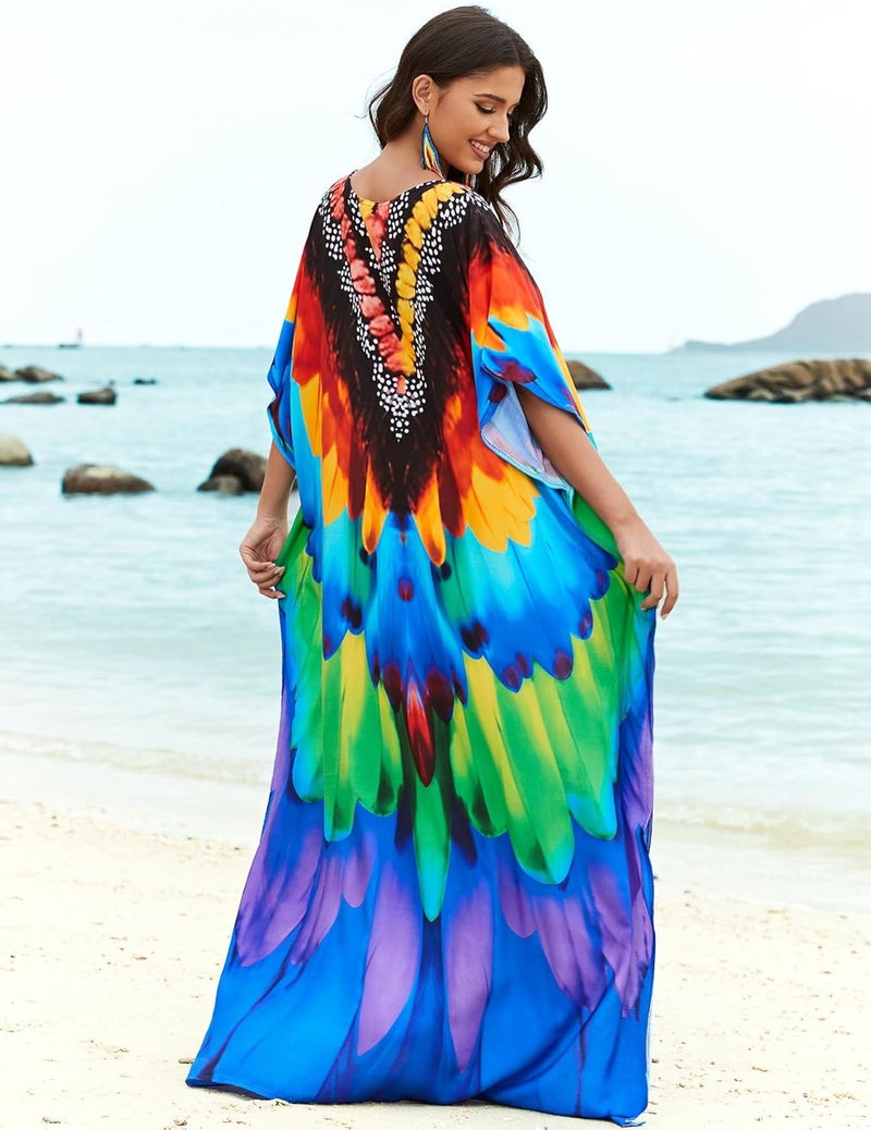 IMAGEKOPE Women's Plus Size Loose Fit Moroccan Print V-Neck Batwing Kaftan Beach Dress Bathing Suit Cover Up - Image 4